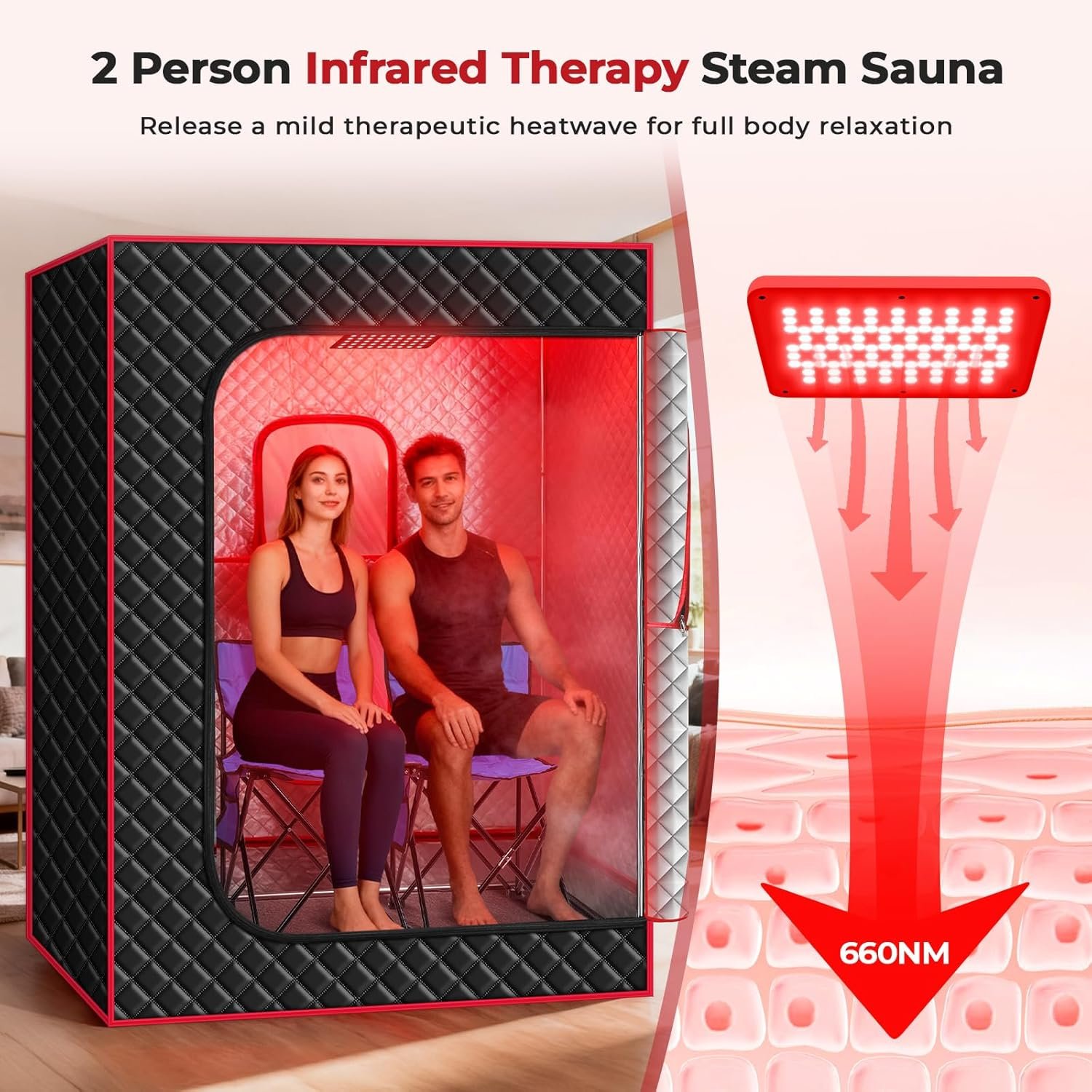 2-Person Steam Sauna Tent with Red Light Therapy – Dual Steamers, Stainless Steel Frame - Image 3
