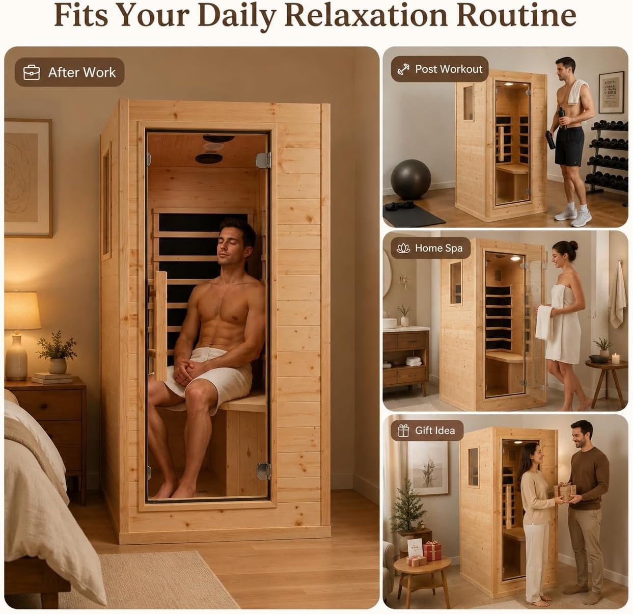 1-Person Mini Hemlock Sauna – Side-Opening Door, 5 Heating Panels, 1050W