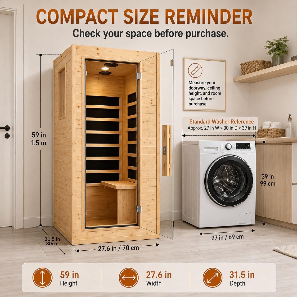1-Person Mini Hemlock Sauna – Side-Opening Door, 5 Heating Panels, 1050W - Image 3