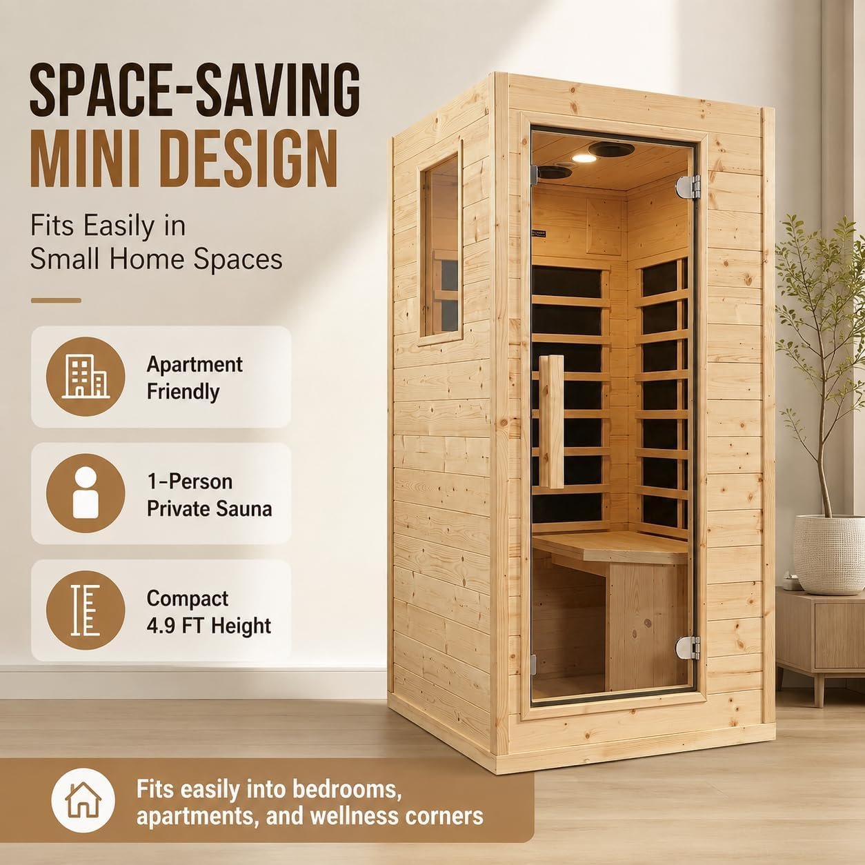 1-Person Mini Hemlock Sauna – Side-Opening Door, 5 Heating Panels, 1050W - Image 4