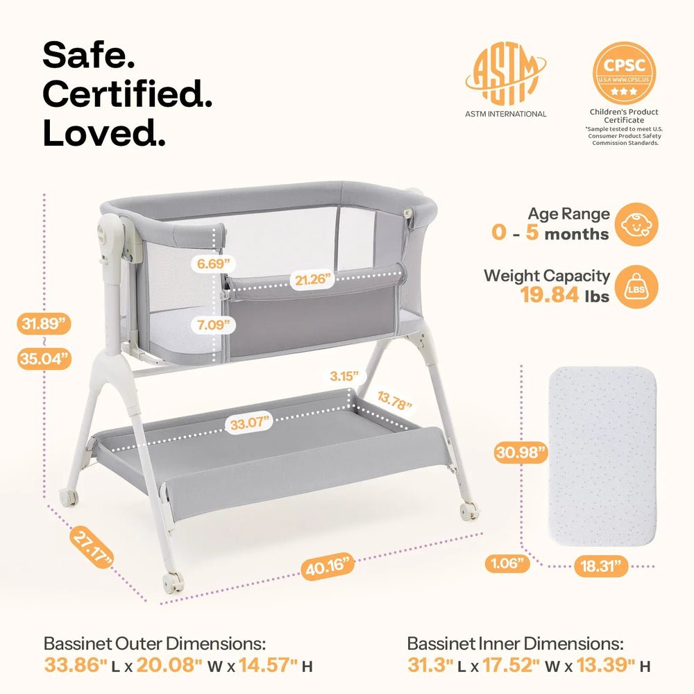 3-in-1 Rocking Baby Bassinet & Bedside Sleeper – Adjustable Height, Anti-Reflux Tilt, Mesh Sides