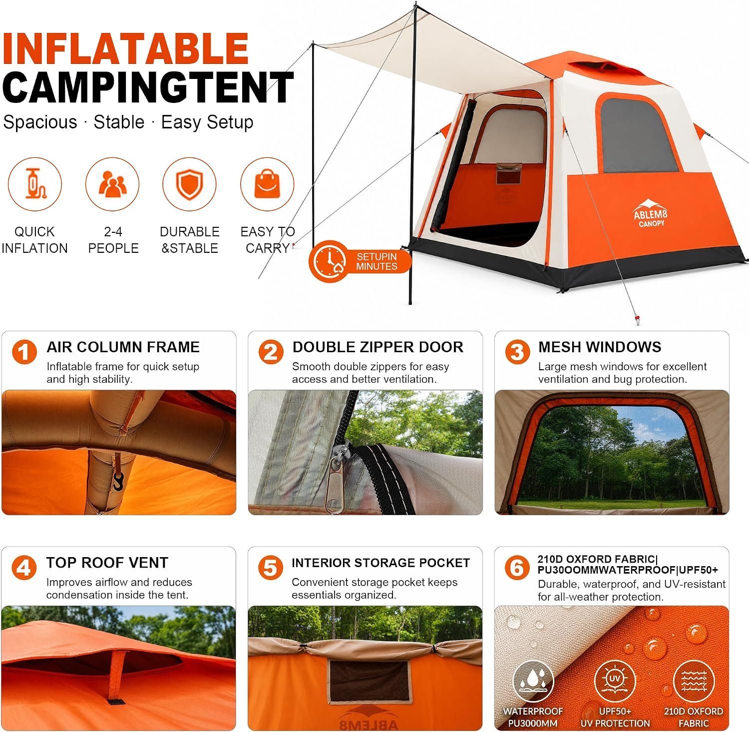 Inflatable Cabin Tent with Built-In Awning – Air-Beam Setup, No Poles, 2-4 Person - Image 2