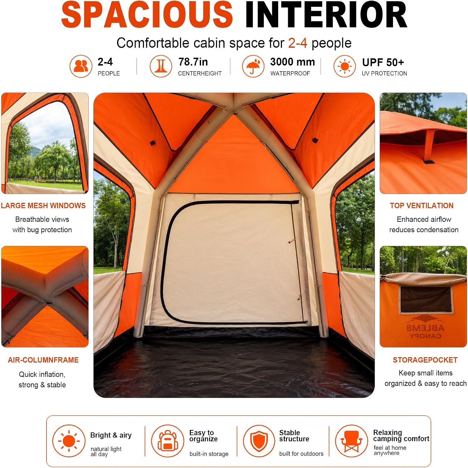 Inflatable Cabin Tent with Built-In Awning – Air-Beam Setup, No Poles, 2-4 Person - Image 7