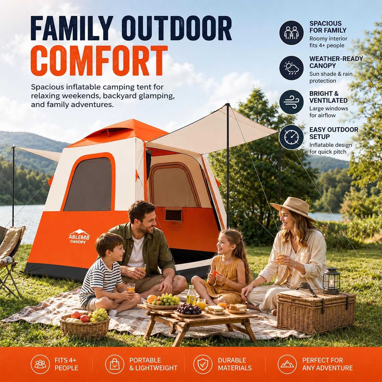 Inflatable Cabin Tent with Built-In Awning – Air-Beam Setup, No Poles, 2-4 Person - Image 8