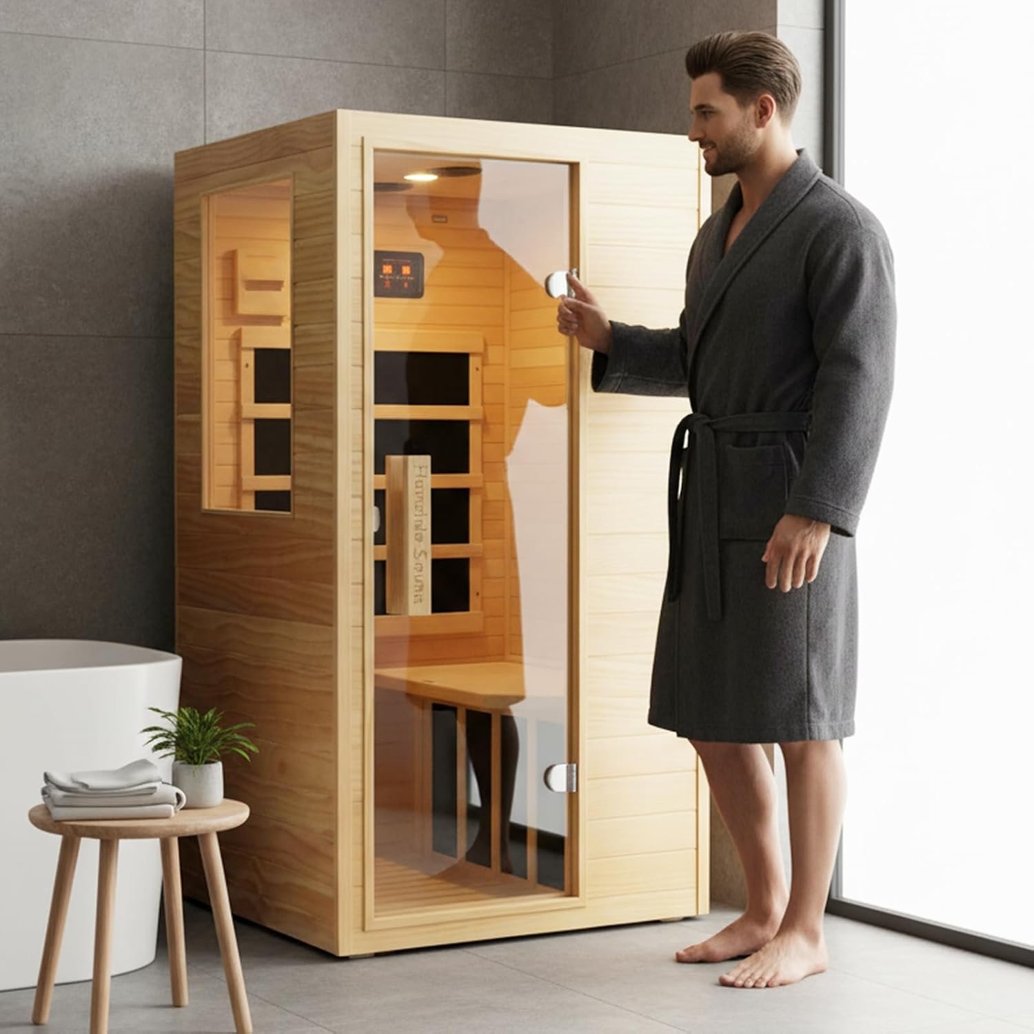 1-Person Hemlock Infrared Sauna – 900W, Bluetooth Audio, LED Reading Light - Image 4