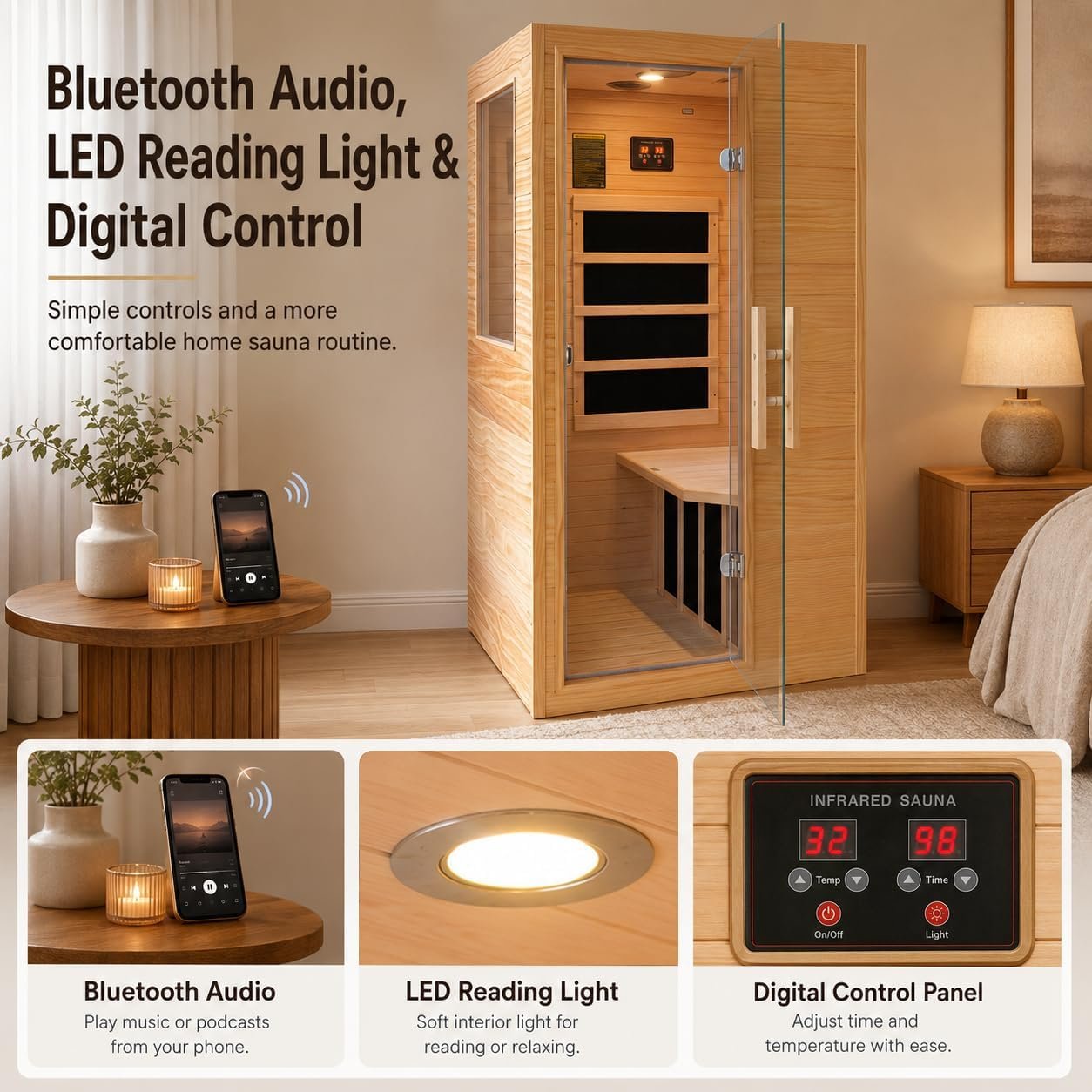 1-Person Hemlock Infrared Sauna – 900W, Bluetooth Audio, LED Reading Light - Image 5