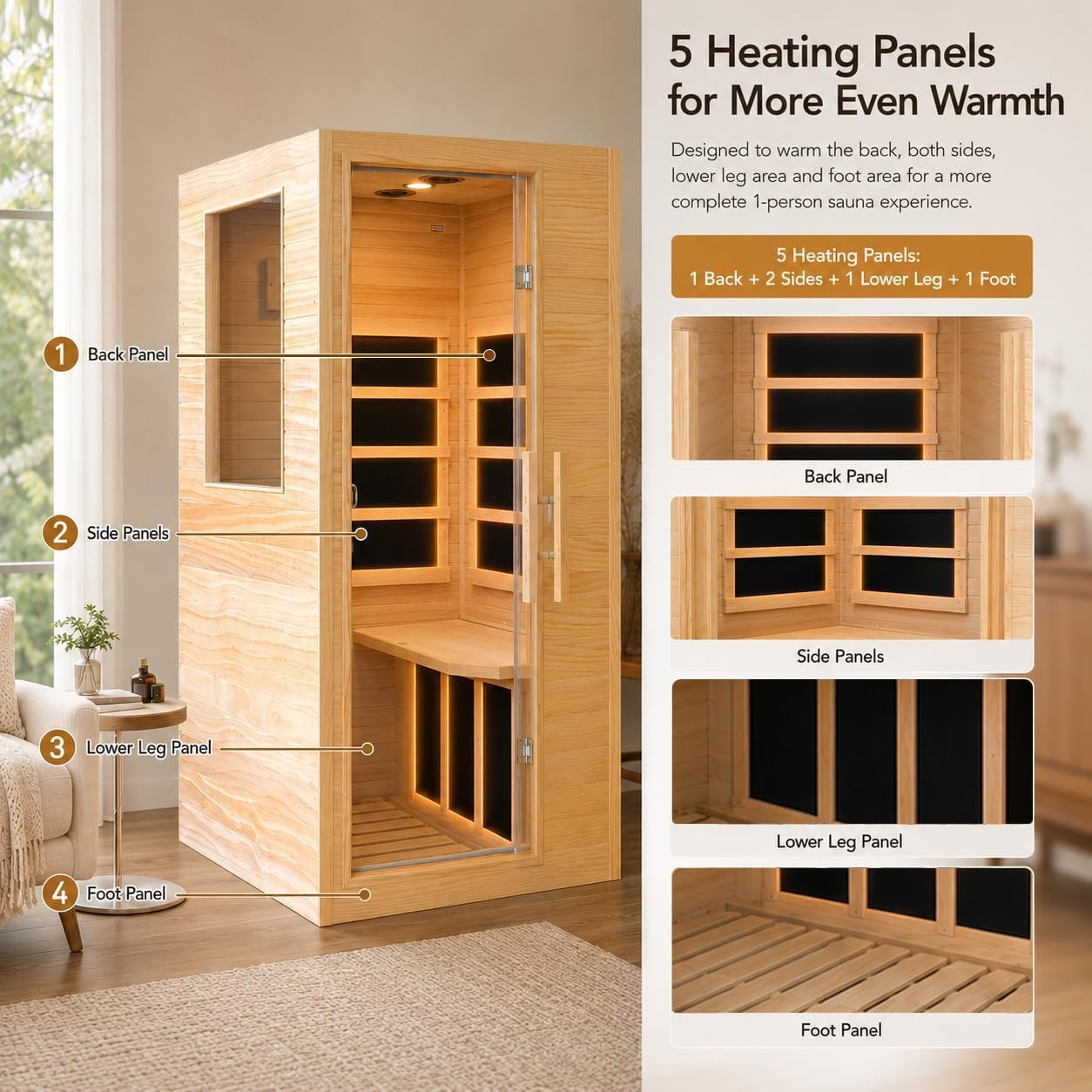 1-Person Hemlock Infrared Sauna – 900W, Bluetooth Audio, LED Reading Light - Image 6