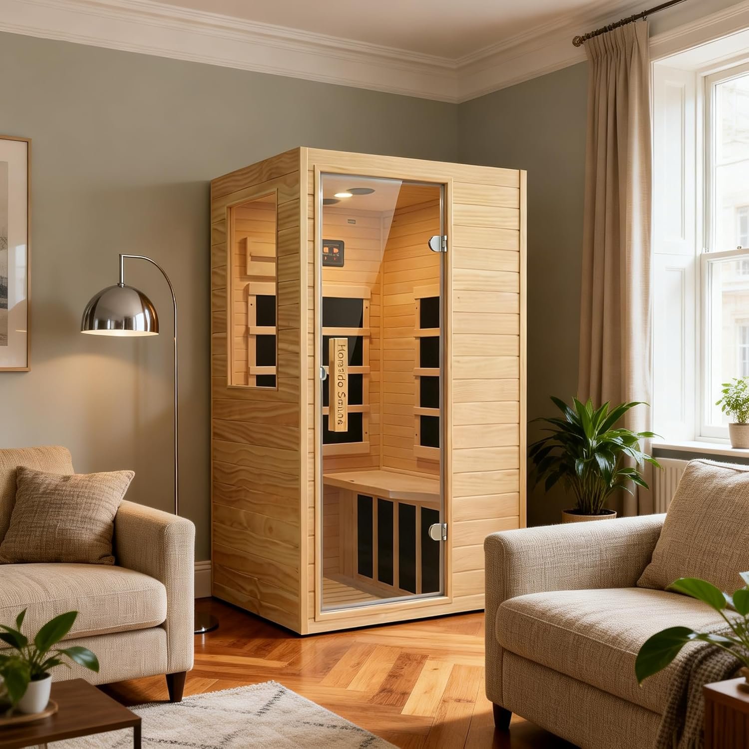 1-Person Hemlock Infrared Sauna – 900W, Bluetooth Audio, LED Reading Light - Image 7