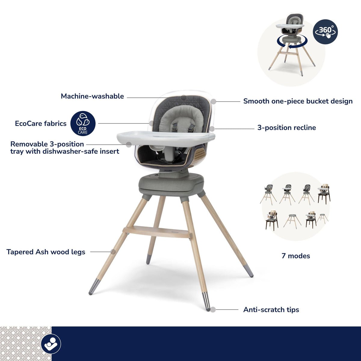 360° Rotating 7-in-1 High Chair – Ash Wood Legs, Recycled Fabric - Image 4