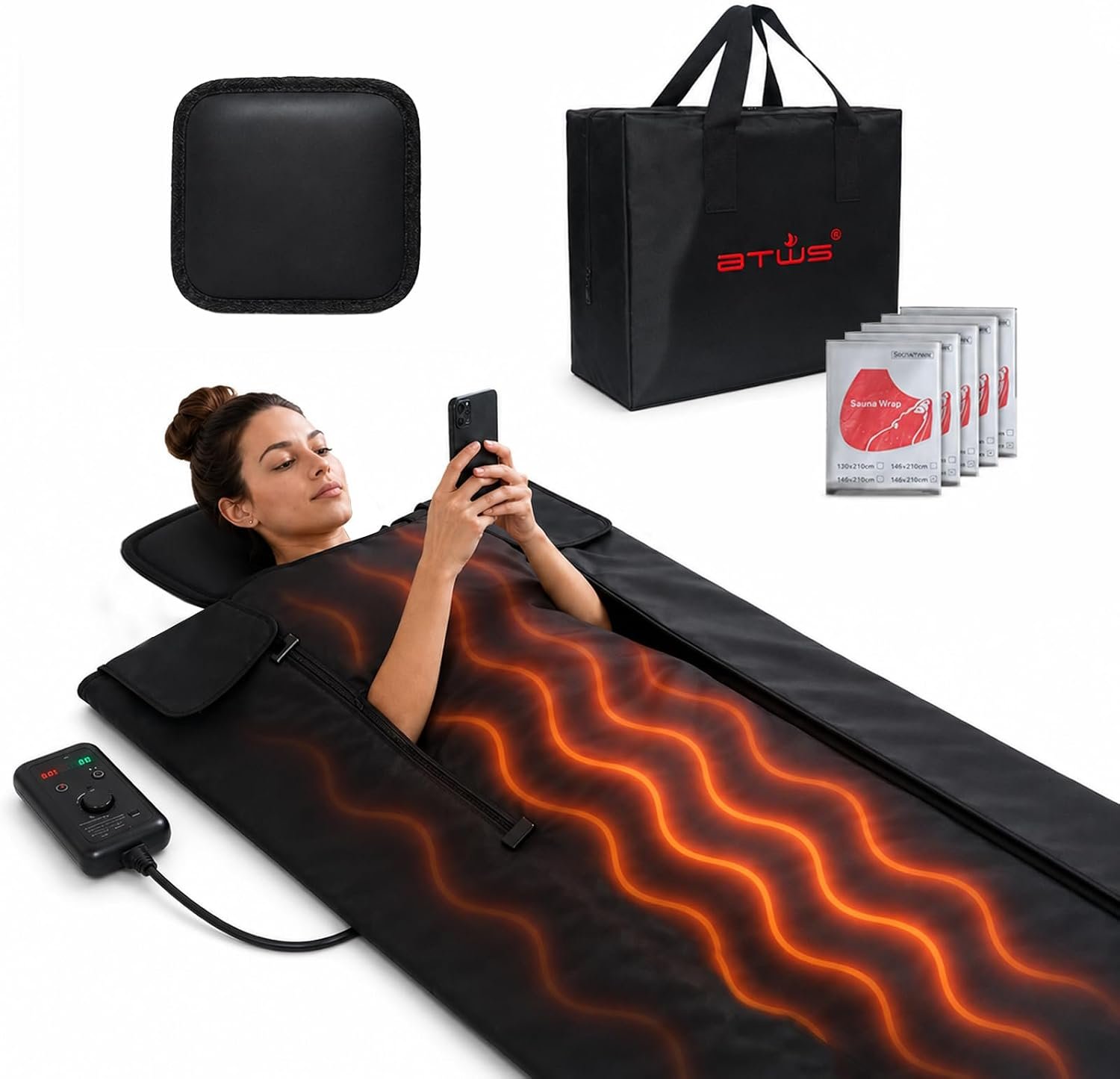 Low EMF Infrared Sauna Blanket with Support Pillow – PU Leather Cover, Dual-Zip Design