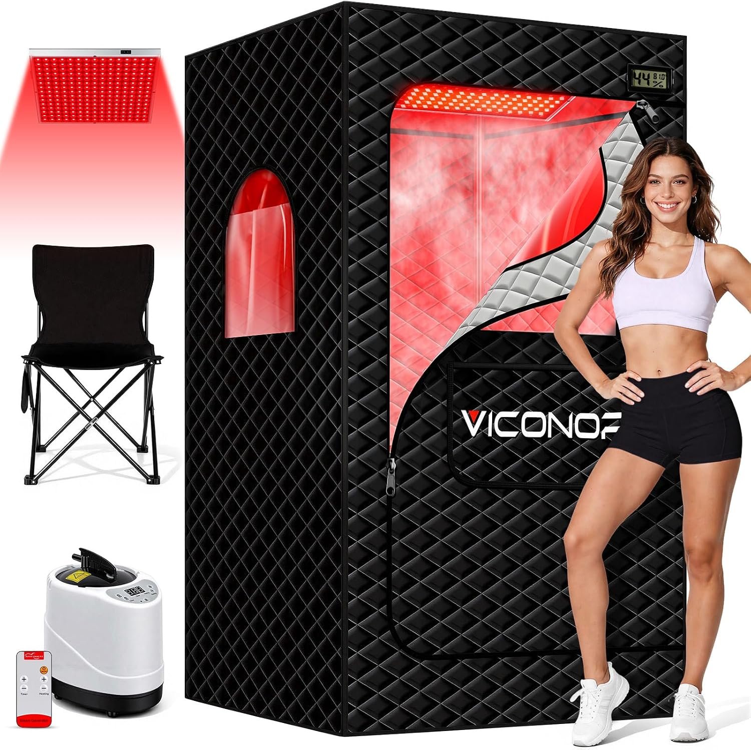 Portable Steam Sauna Box with Red Light Therapy – 660nm/850nm, 9 Heat Levels, Folding Chair