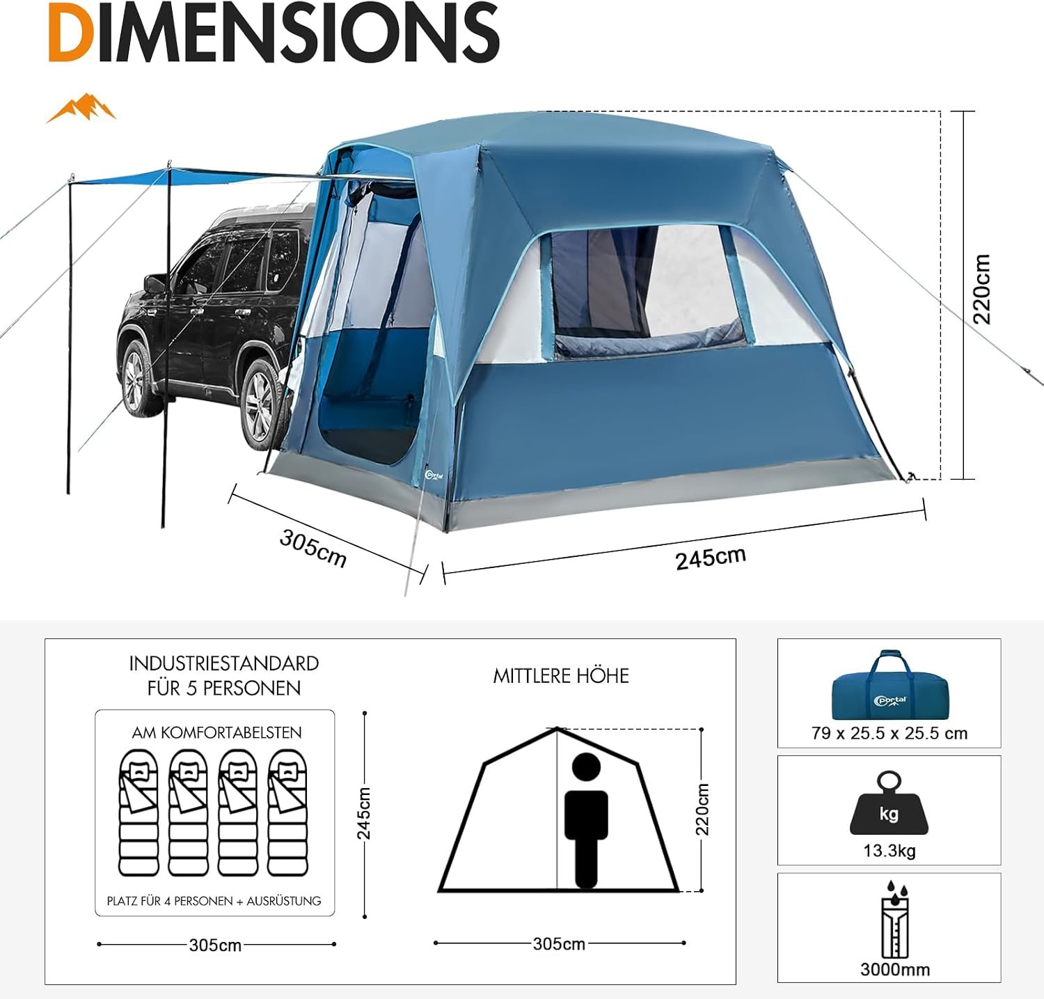 5-Person SUV Camping Tent with Porch – Water-Resistant Trunk Tent for Car Camping & Tailgating - Image 7