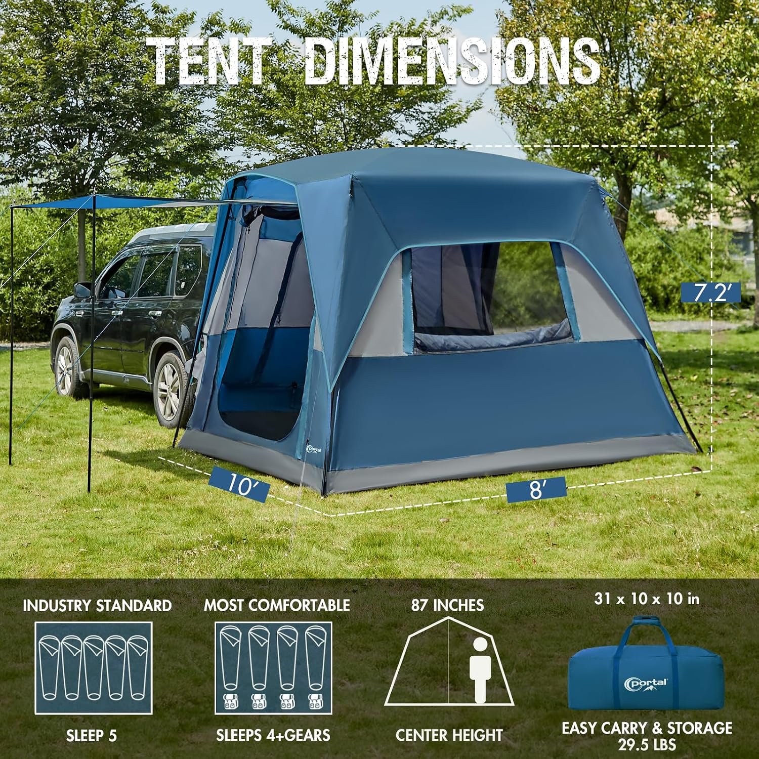 5-Person SUV Camping Tent with Porch – Water-Resistant Trunk Tent for Car Camping & Tailgating - Image 3