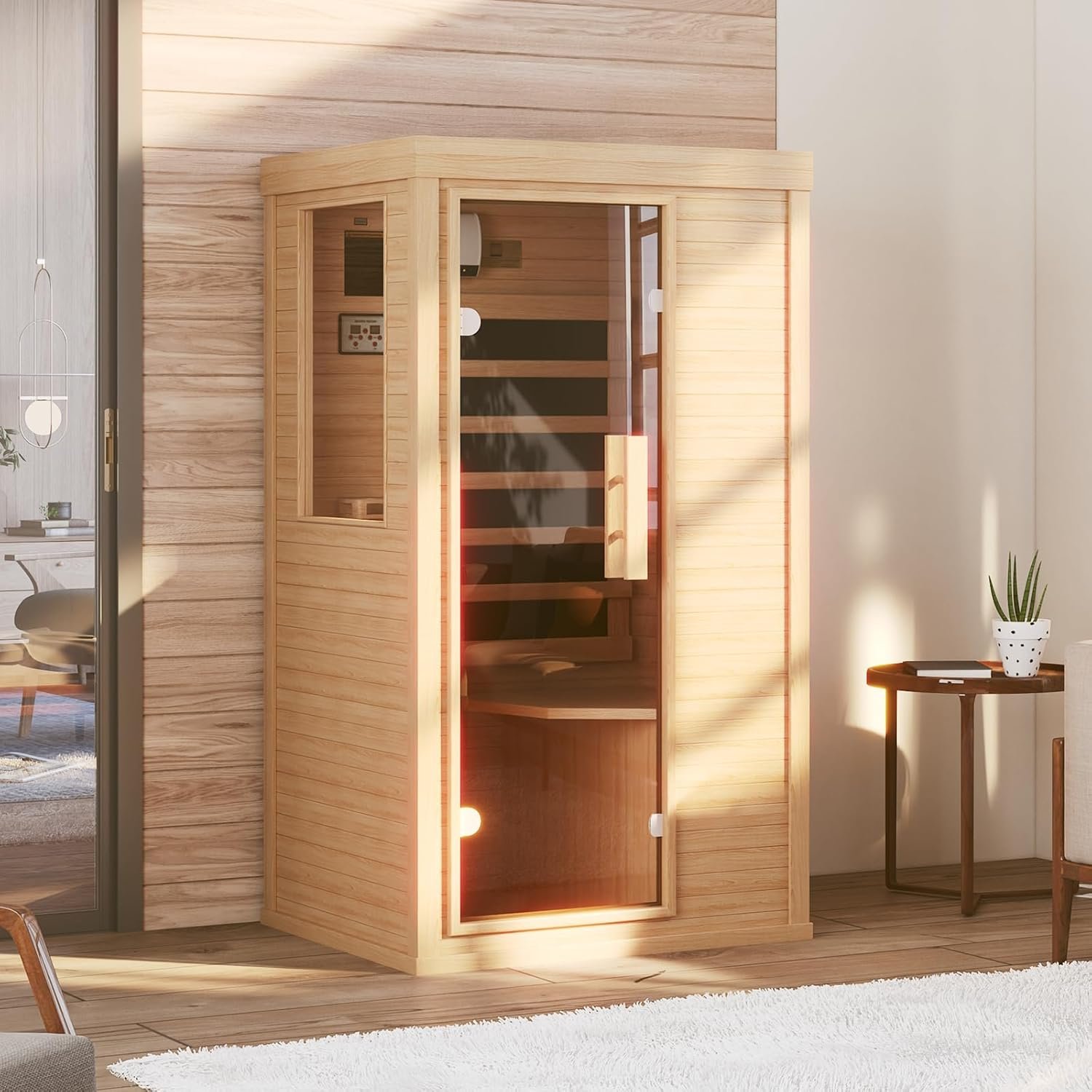 1-Person Canadian Hemlock Infrared Sauna – 4-Panel Heating, Bluetooth, Reading Light - Image 2