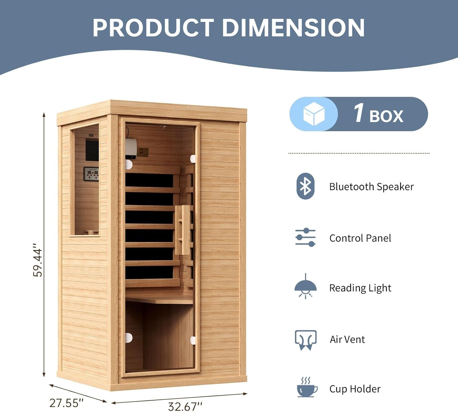 1-Person Canadian Hemlock Infrared Sauna – 4-Panel Heating, Bluetooth, Reading Light - Image 4