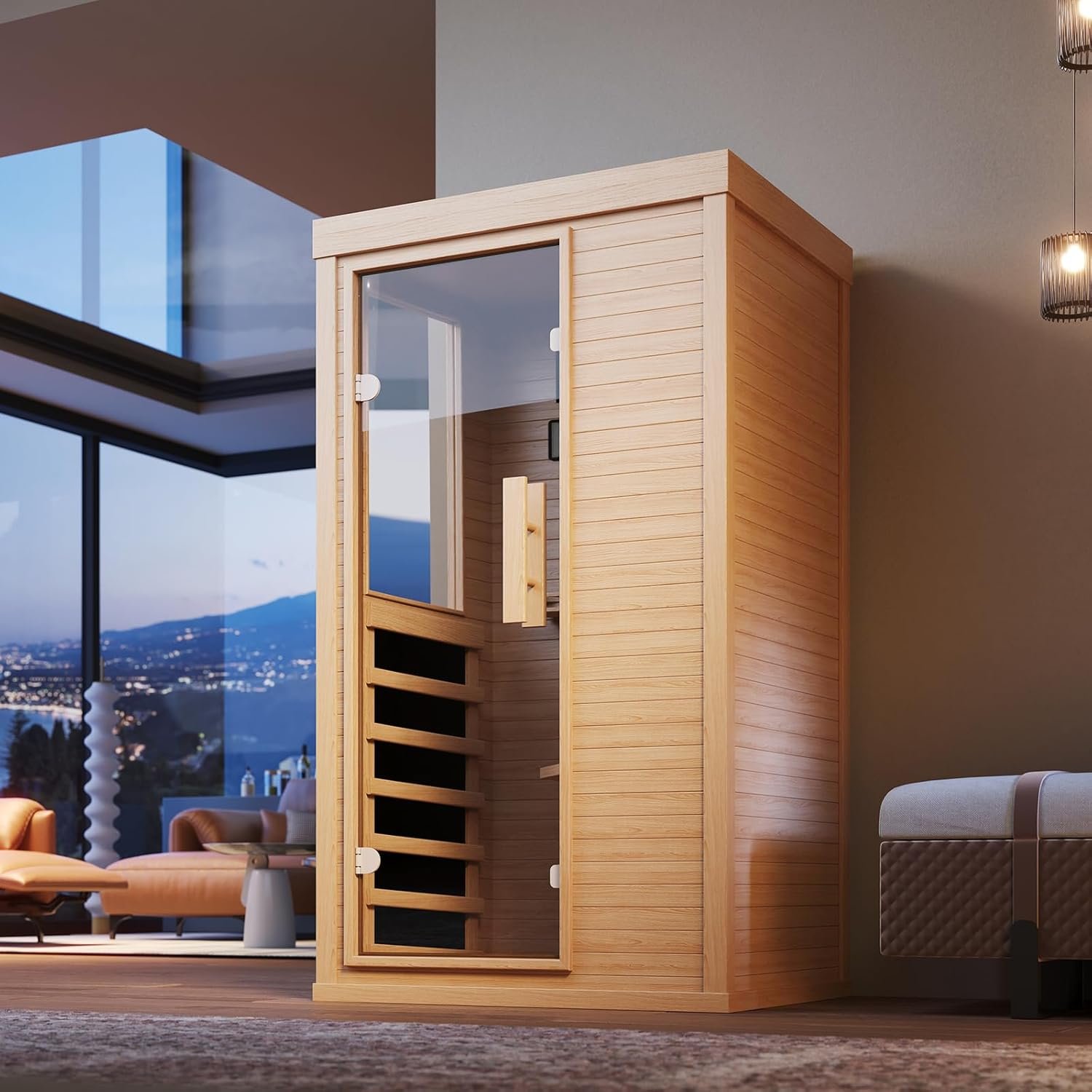 1-Person Canadian Hemlock Infrared Sauna – 4-Panel Heating, Bluetooth, Reading Light