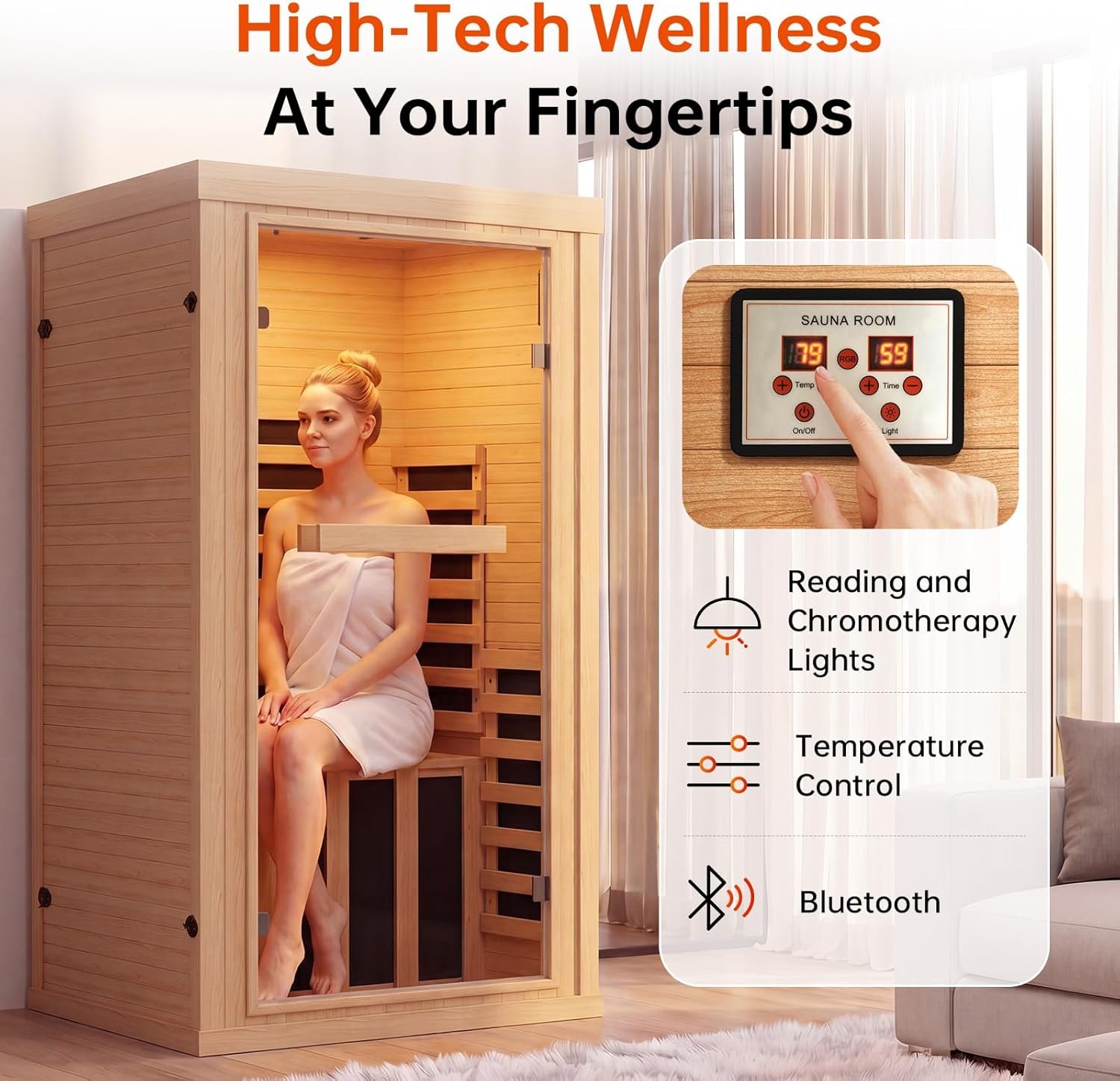 1-Person Canadian Hemlock Infrared Sauna Room – Chromotherapy, Bluetooth Speaker, Low EMF