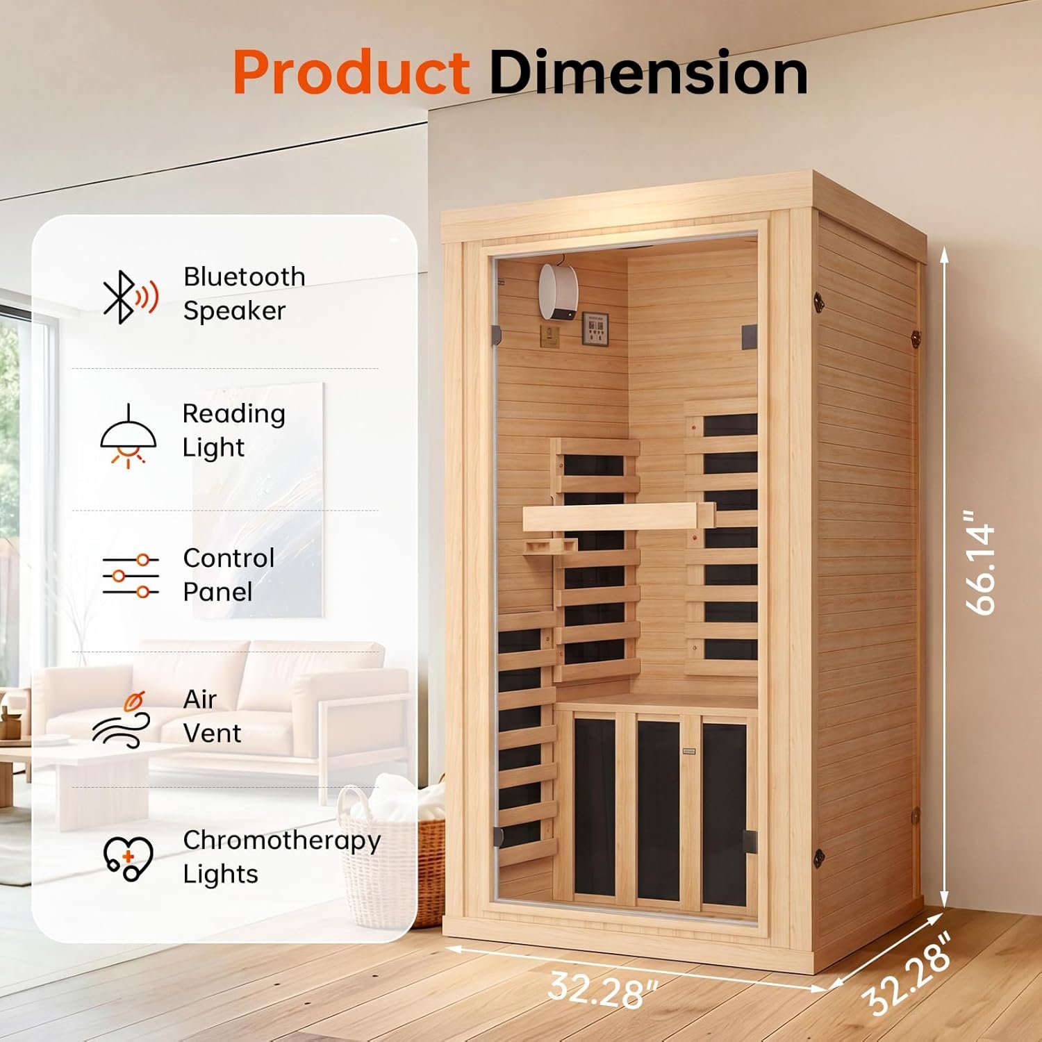 1-Person Canadian Hemlock Infrared Sauna Room – Chromotherapy, Bluetooth Speaker, Low EMF - Image 3